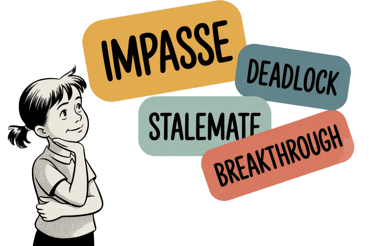A child considering a small cluster of related vocabulary words floating in the air around them — the visual shape of the game.